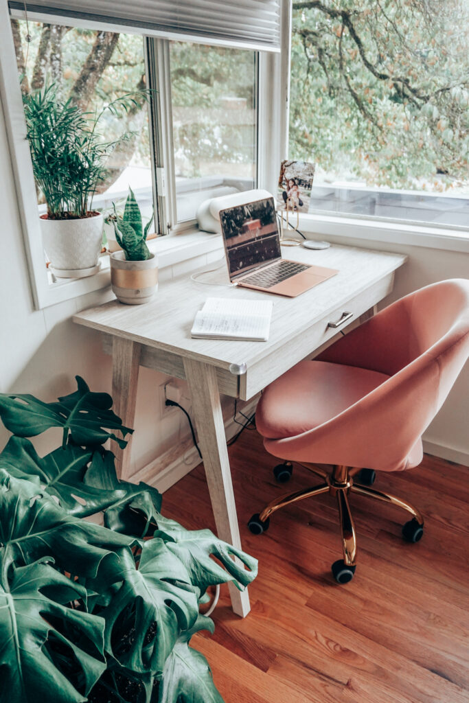 pink swivel chair with gold legs, white mini desk, monstera and house plants in home office