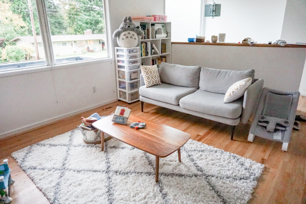 Mid century living room decor with shag rug, West Elm sofa, and Amazon coffee table