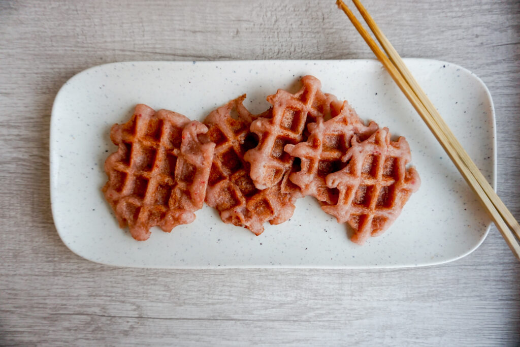 strawberry mochi waffles on a West Elm serving platter