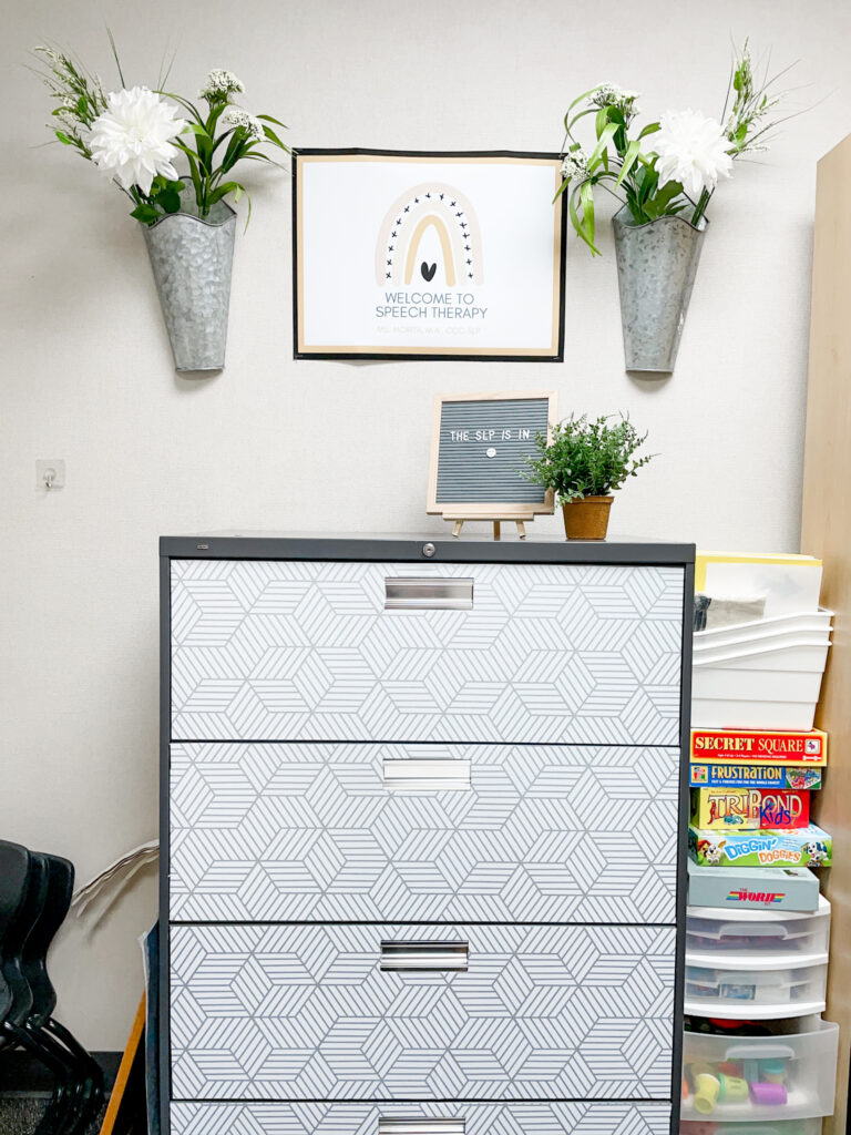 filing cabinet decorated with contact paper