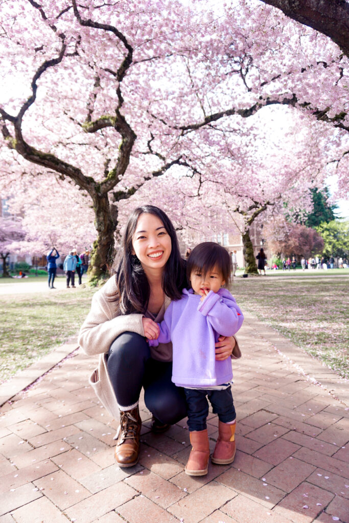 Asian mom and toddler at the UW cherry blossoms in Seattle, WA