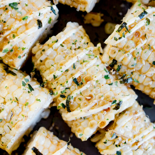 Japanese style grilled corn with miso butter, mayo, and furikake