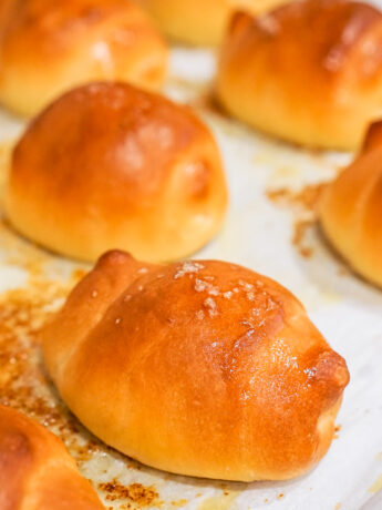 angled view of shio pan on a baking sheet
